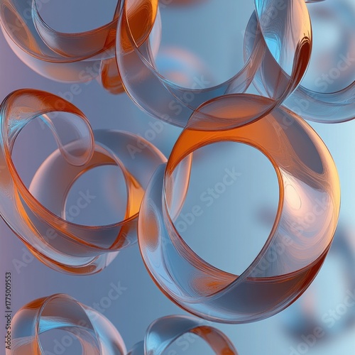 Close-up view of smooth translucent intertwined loops with reflective orange and blue hues creating a futuristic and abstract 3d composition