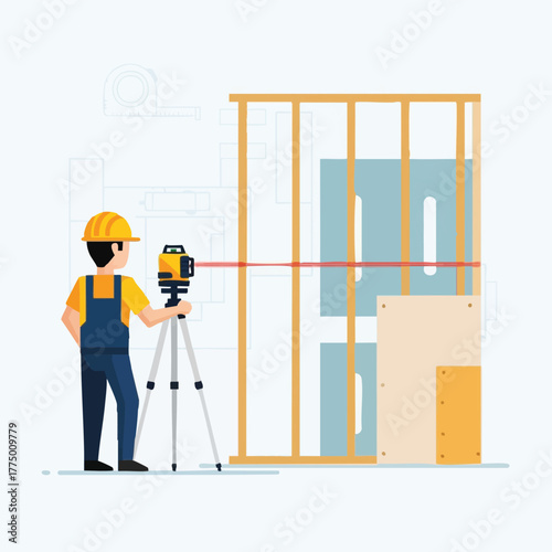 A construction worker uses a laser level to ensure accuracy during the building of a new wall, focusing on precision and professional craftsmanship.