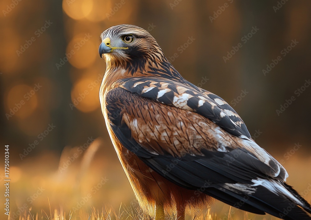 Obraz premium Close-up of a majestic brown and black bird of prey standing on grass with a softly blurred warm golden background