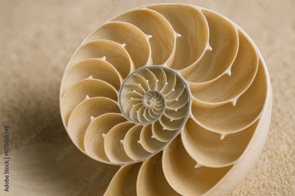 Obraz premium Detailed Cross Section of a Nautilus Shell Revealing Chambered Interior and Perfect Fibonacci Sequence
