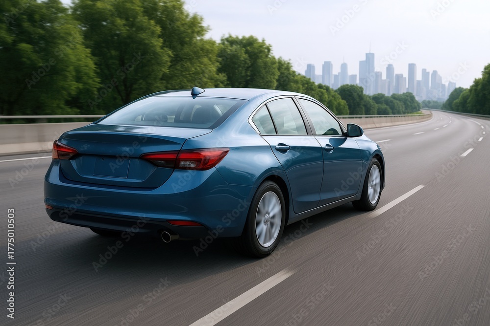 Naklejka premium Blue sedan on highway, showcasing modern design and urban backdrop for automotive advertising