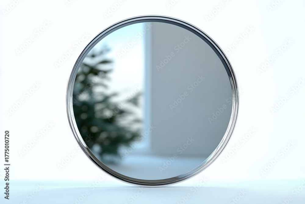 Obraz premium metallic round convex mirror reflecting blurred background with tree and wall in bright minimalist setting