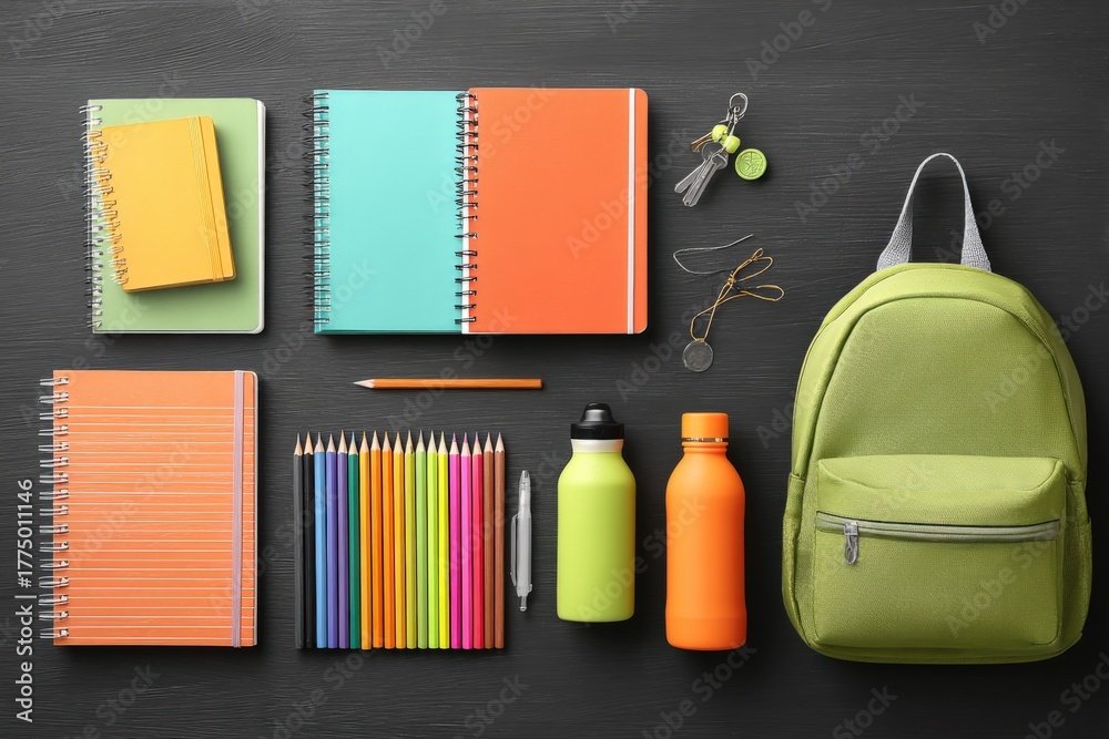 Obraz premium Flat Lay of School Supplies: Backpack, Notebooks, Pencils, and Water Bottles on a Dark Surface