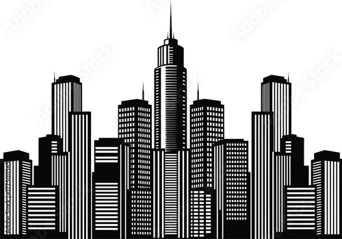 Striking black and white illustration of a modern city skyline with diverse architectural styles and a prominent central skyscraper