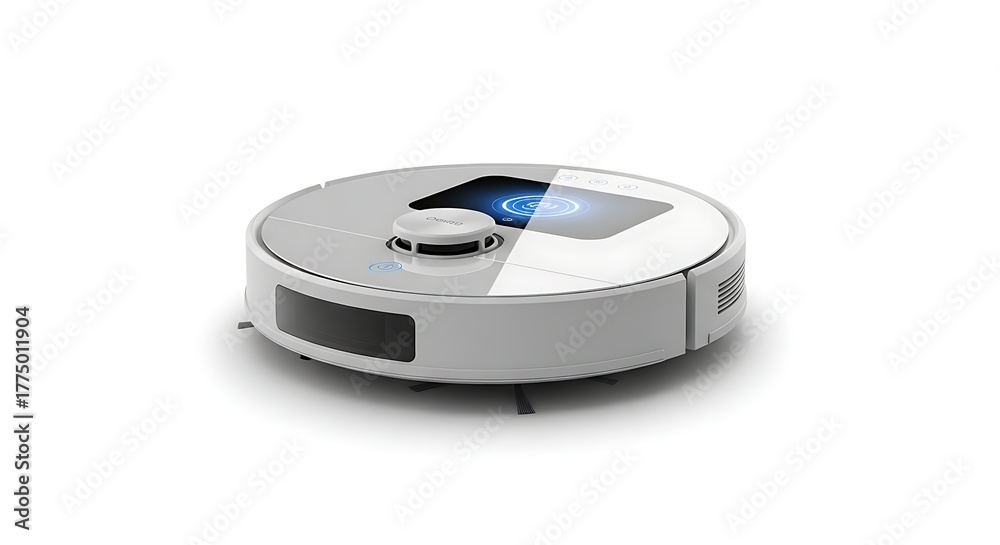 Fototapeta premium A white robotic vacuum cleaner, circular in shape, sits on a white surface, casting a soft shadow.