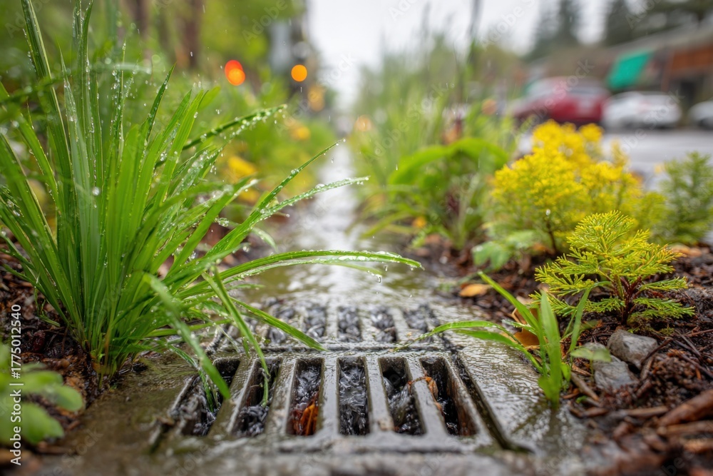 Fototapeta premium Street rain garden with plants and stormwater drainage, showcasing green infrastructure solutions for urban environments