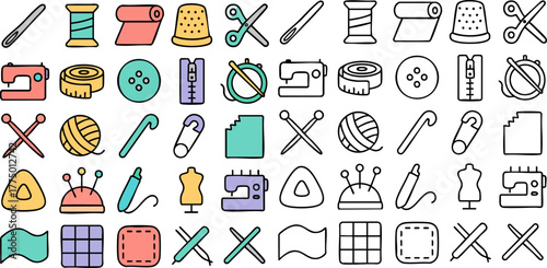 Colorful Sewing and Crafting Tools Icons Set.