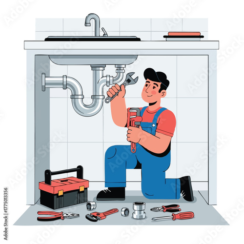 A skilled plumber in blue overalls diligently repairs the pipework beneath a kitchen sink, surrounded by tools, symbolizing professional home service.