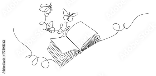 Flying book one line drawing with butterfly. Continuous hand drawn contour vector.