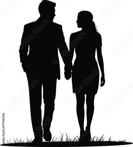 Romantic couple silhouette walking hand in hand, love, relationship, trust, togetherness, evening stroll, peaceful moment, connection