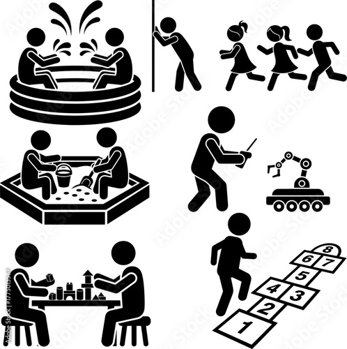 Children's Playtime and Educational Activities Icon Set - Kids Playing Silhouettes