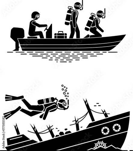 Scuba Divers and Wreck Diving Expedition Icon Set - Boat and Underwater Adventure Silhouettes