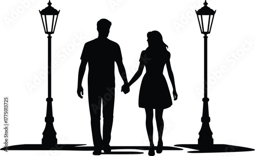Romantic couple walking hand in hand under street lamps, love silhouette scene, evening stroll, relationship illustration, peaceful moment