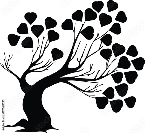 Romantic heart tree silhouette, love nature artwork, abstract black tree design, symbolic growth, Valentine illustration, poetic emotional landscape