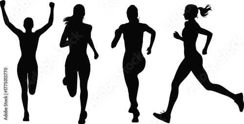 Running women silhouettes, fitness training vector, jogging exercise illustration, marathon athlete poses, sports activity, healthy lifestyle, outdoor workout, gym motivation, endurance running
