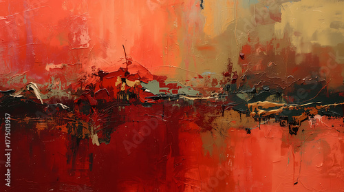 Abstract color field painting, wide expanses of color with subtle transitions, using the warm, subdued Renaissance palette of crimson, forest green, and dark gold.