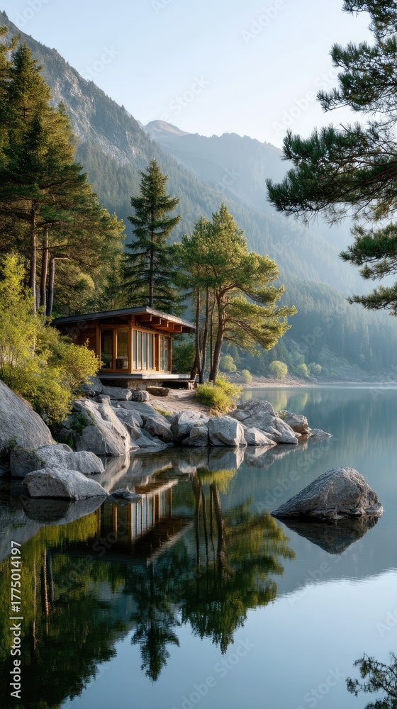 Fototapeta premium Solitary Mountain Cabin Reflecting in a Serene Lake Amidst Lush Green Trees and Majestic Mountains at Sunrise Golden Hour