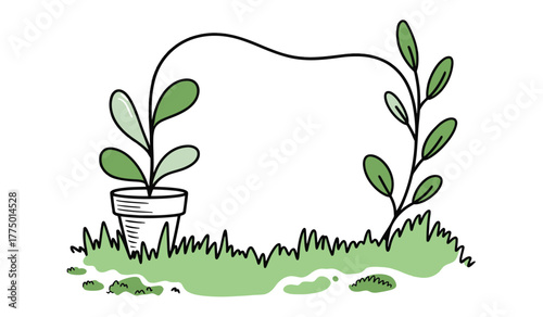Plant pot and leafy frame hand drawn vector illustration nature concept