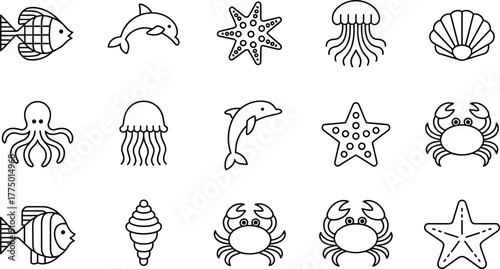 Sea animals icon set, fish, dolphin, starfish, crab, jellyfish, octopus, seashell, marine life, ocean creatures, underwater vector illustration