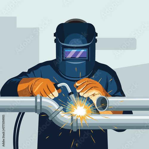 A skilled welder in protective gear meticulously works on metal pipes, creating sparks and joining the pieces with precision and expertise.