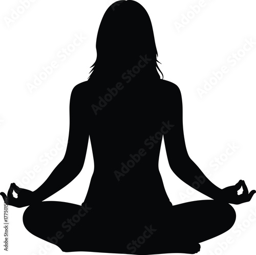 Serene woman silhouette practicing yoga meditation, peaceful mindfulness pose, calm spiritual balance, inner peace and relaxation concept
