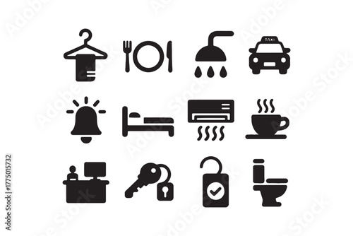 Hotel services and amenities icon set in simple black style