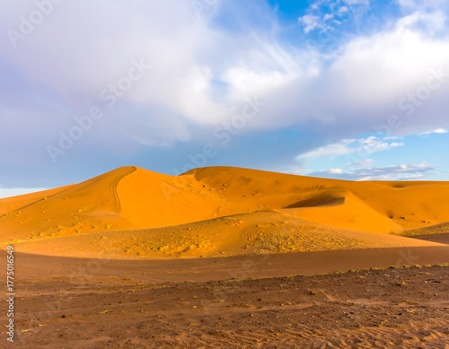 Fototapeta Naklejka Na Ścianę i Meble -  Golden sand dunes under a partly cloudy sky