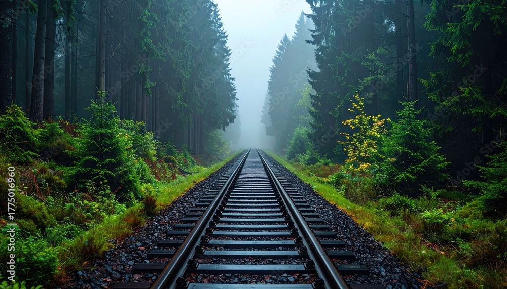 Fototapeta premium Train Tracks Through a Misty Forest with Lush Greenery and Golden Light Accents