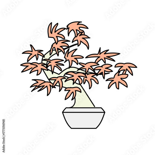 白い鉢に植えられた紅葉の盆栽をモチーフにした秋を感じるベクターイラスト｜日本の伝統美と季節の彩りを表現したインテリアやデザイン向けの素材