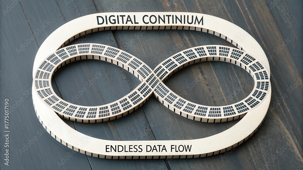 Naklejka premium Visual representation of digital continuum symbolizing endless data flow on wooden background with infinity design