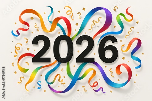 Bold “2026” Typography – Swirling Ribbons and Metallic Confetti on White