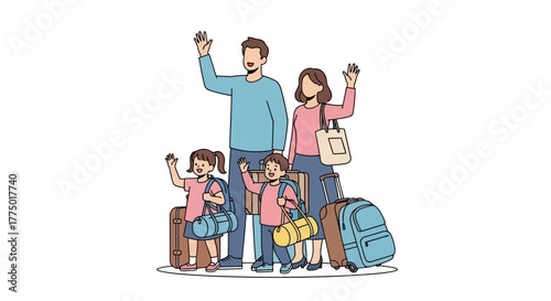 Happy family of four with luggage waving goodbye, ready for vacation or travel adventure