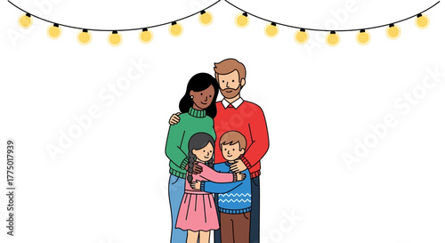 Loving diverse family embracing under decorative string lights, celebrating unity and happiness, a heartwarming illustrated moment
