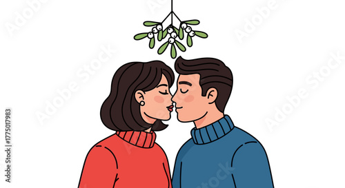 Couple sharing a romantic kiss under mistletoe during Christmas holidays, expressing love and affection