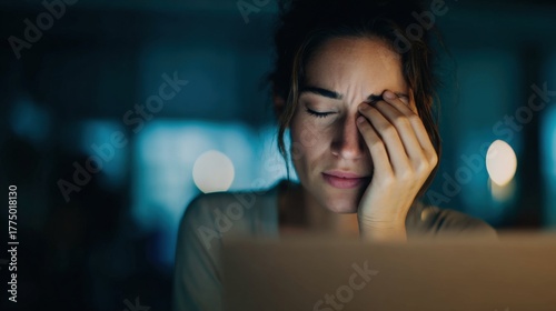 Exhausted Woman Rubbing Eyes, Suffering from Eye Strain, Fatigue, or Dry Eyes While Working Late © The Little Hut