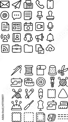 Handdrawn icon sets for communication and sewing.