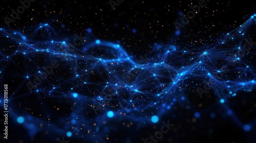 Abstract network of glowing blue interconnected points and lines forming a dynamic wave pattern on a dark background, evoking a sense of connectivity and digital data flow