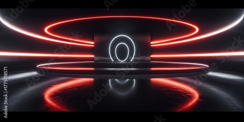 futuristic dark circular room with glowing red and white neon rings and reflections creating a sci-fi atmosphere