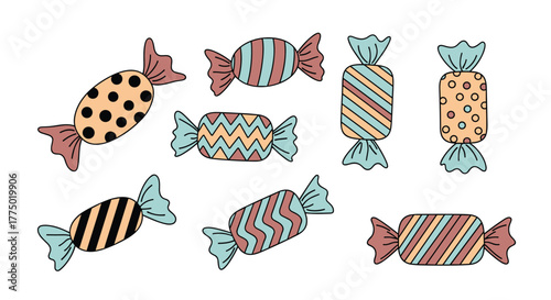 An assortment of colorful cartoon candies with diverse shapes and patterns, perfect for sweet treats and celebration themes.