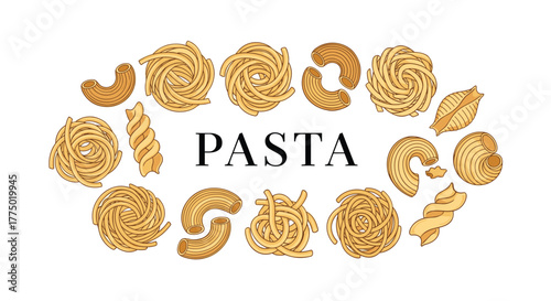 A diverse assortment of raw Italian pasta types, including fettuccine nests, macaroni, and fusilli, arranged in an oval around the central 'PASTA' text on white.