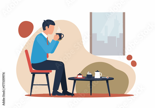 A man seated, enjoying a hot beverage, near a window, with a small table.