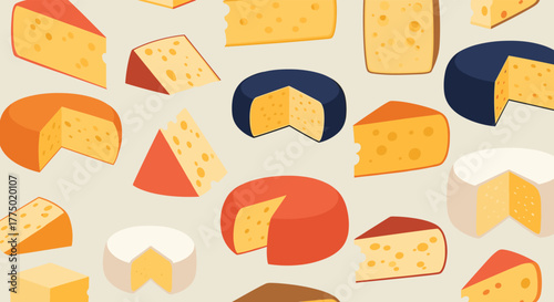 Delicious and diverse seamless pattern featuring various cheese types like Swiss, cheddar, and brie, in an appealing flat-design illustration.