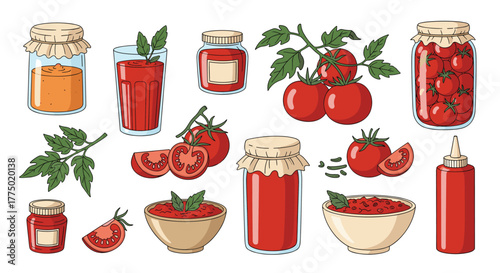 Set of illustrations featuring fresh ripe tomatoes and various processed products like juice, sauce, and preserves, on a white background.