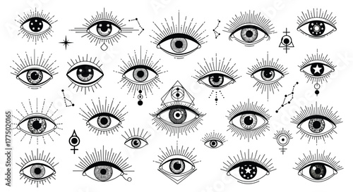 Collection of mystical eye symbols with radiating lines and various spiritual and occult elements, suitable for esoteric designs.