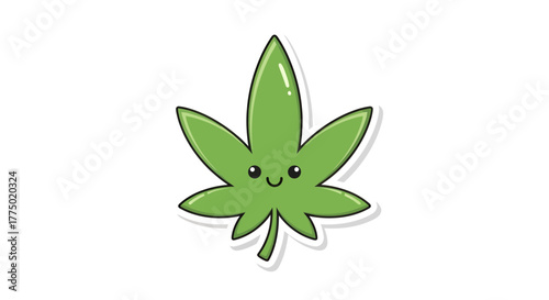 Whimsical cannabis leaf with expressive eyes and a joyful smile on a light backdrop
