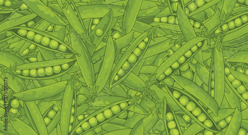 A vibrant seamless pattern of fresh green pea pods, some open with delicious peas, creating a healthy and natural background.