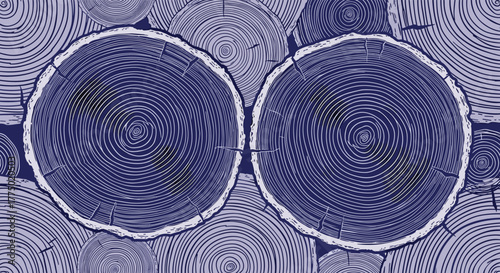 Abstract blue and purple wood grain pattern featuring multiple tree trunk cross-sections with visible growth rings.