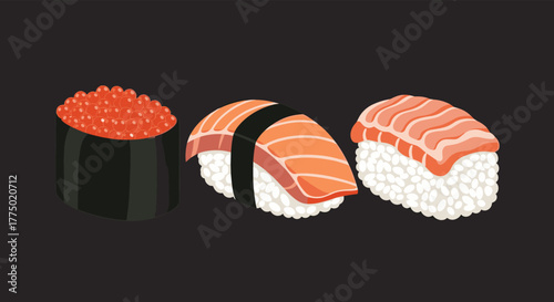 Assortment of classic Japanese sushi pieces with salmon nigiri and red caviar gunkan maki, presented on a minimalist dark background.