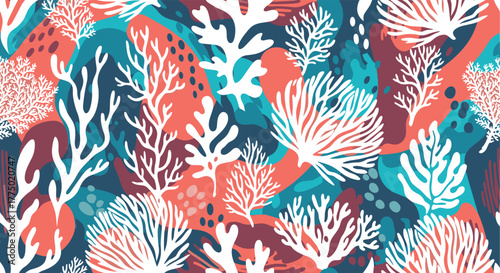 Seamless pattern with white coral on an abstract background of blue and red shapes, illustrating underwater marine life.