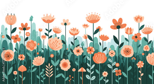 Whimsical floral border illustration with stylized orange and peach flowers and green foliage, ideal for spring and summer designs.